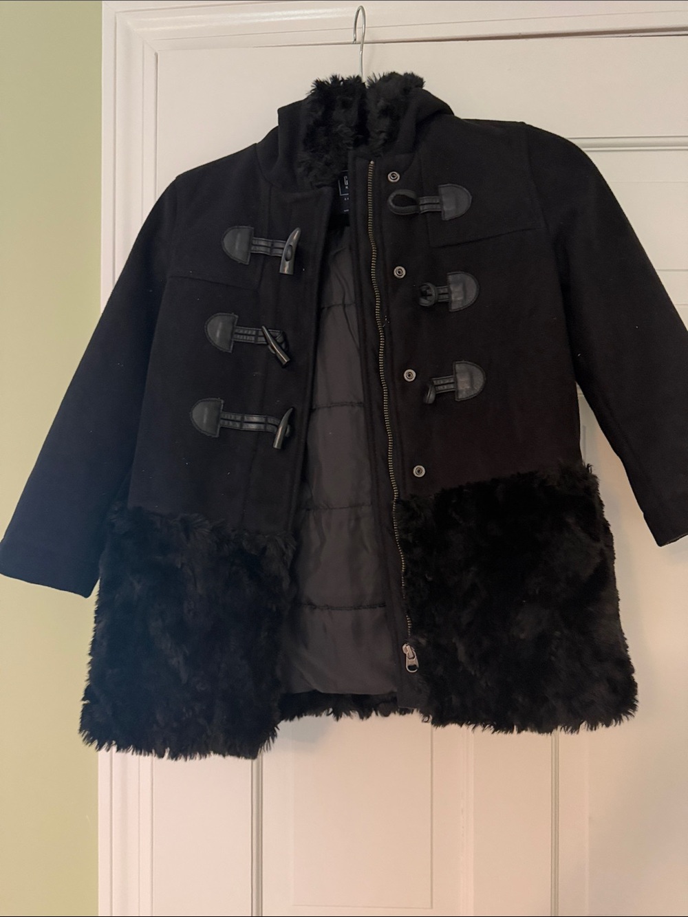 GAP Black Faux Fur Trim Toggle Pea Coat